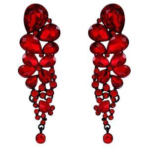Carbon Black with Ruby Red Austrian Crystal Dangling Chandelier Clip On Earrings